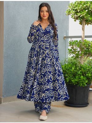 navy blue rayon digital printed kurta pant set fabku21155