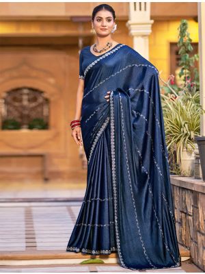Navy Blue Shimmer Chiffon Party Wear Saree