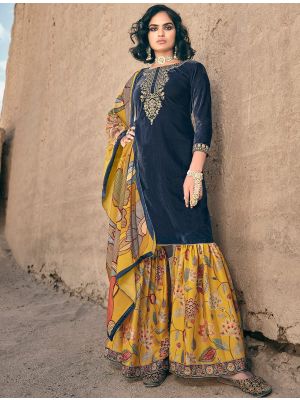 Navy Blue Velvet Salwar Kameez With Cording Embroidery small FABSL21670