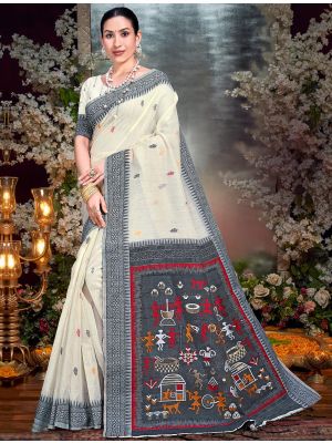 Off White And Black Cotton Saree With Traditional Weaves