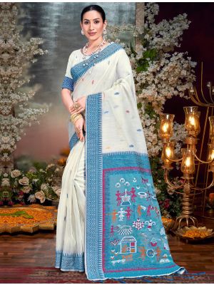 Off White And Cyan Cotton Saree With Traditional Weaves
