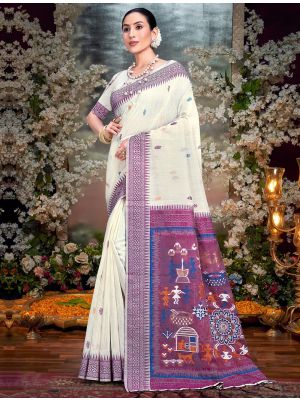 Off White And Purple Cotton Saree With Traditional Weaves
