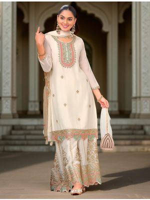 Off White Chinon Embroidered Ready To Wear Palazzo Suit FABSL22225