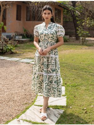 off white cotton printed trendy chic frock fabku21188