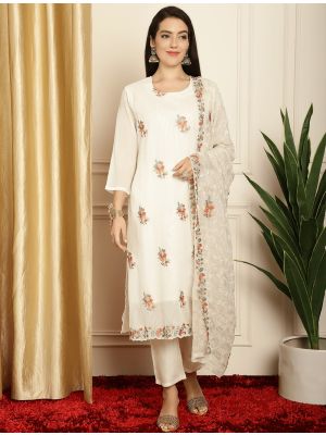 Off White Georgette Embroidered Sequined Salwar Suit small FABSL21594