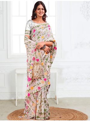 Off White Linen Cotton Jacquard Woven Saree