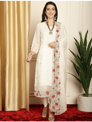 Off White Organza Embroidered Sequined Salwar Suit small FABSL21597