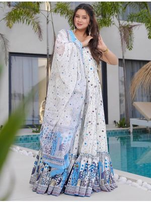off white rayon digital printed flared gown with dupatta fabgo20376