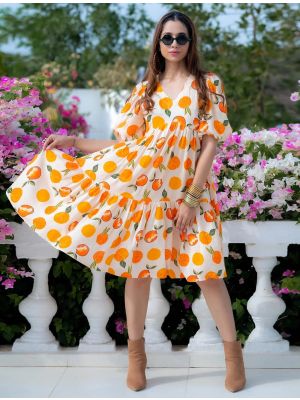 off white rayon printed flared dress fabku20970