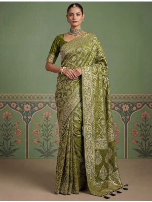 Olive Green Pashmina Silk Saree With Intricate Zari Weaving