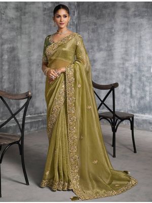 Olive Green Tissue Silk Embroidered Designer Saree