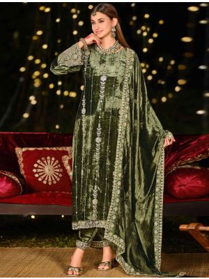 Olive Green Velvet Designer Salwar Kameez With Zardosi Work FABSL22328