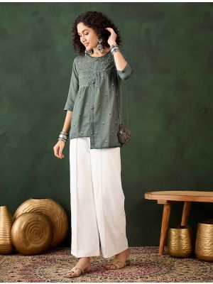 olive green viscose rayon embroidered top fabku21014