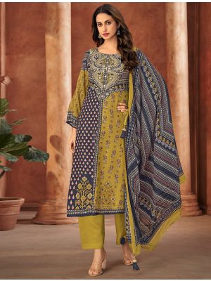 Olive Muslin Printed Salwar Kameez With Handwork small FABSL22155