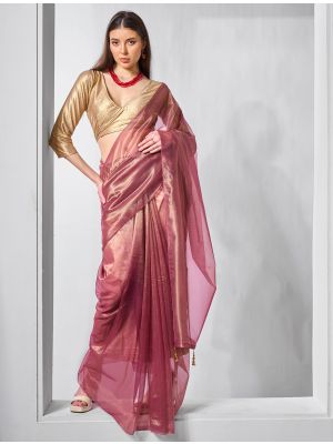 Onion Pink Gold Tissue Net Fancy Party Wear Saree