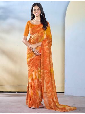 Orange Georgette Ready To Wear Saree With Unstitched Blouse