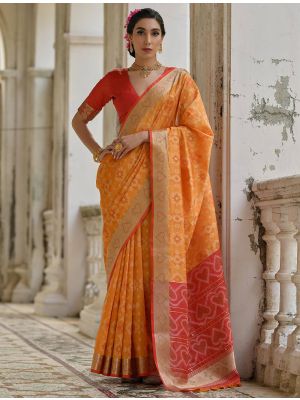 Orange Raw Silk Blend Saree With Ikat Weaving