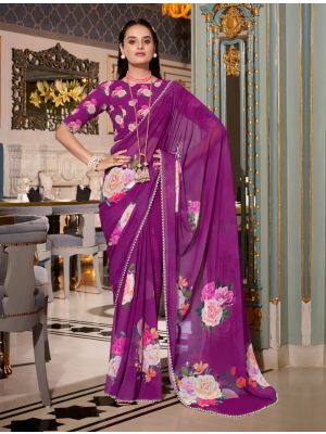 Orchid Purple Georgette Saree With Pearl Lace Border