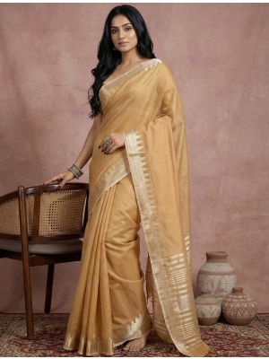Pale Gold Cotton Solid Saree With Golden Border