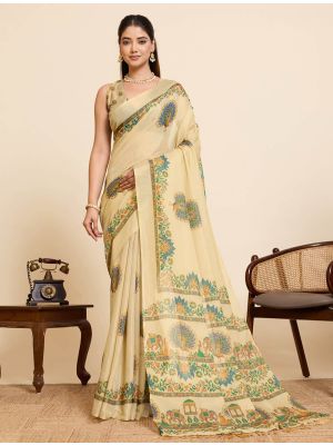 Pale Gold Linen Traditional Pattern Saree