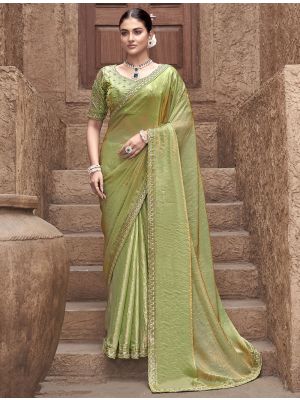 Parrot Green Satin Silk Premium Saree With Stitched Blouse