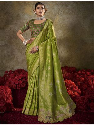 Parrot Green Soft Silk Embroidered Saree With Diamond Work