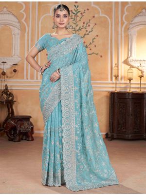 Pastel Blue Crunchy Crepe Embroidered Saree thumbnail FABSA22614