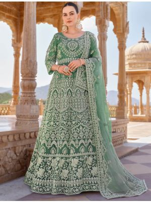 Pastel Green Butterfly Net Semi Stitched Designer Anarkali Suit small FABSL21763