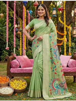 Pastel Green Linen Cotton Traditional Pattern Saree