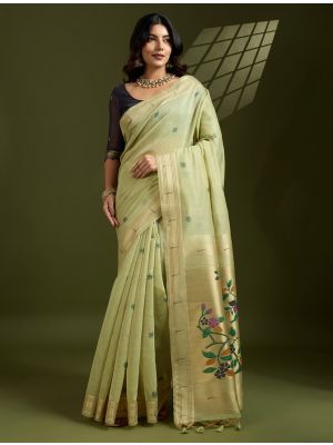 Pastel Green Muga Cotton Saree With Paithani Weaving
