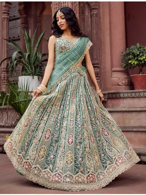 Pastel Green Net Sequined Lehenga Choli With Thread Work small FABLE20542