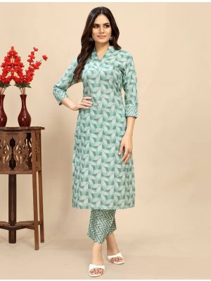 pastel green printed cotton kurti with matching pant fabku21009