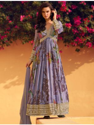 Pastel Purple Chinon Ready To Wear Anarkali Suit In XL small FABSL22188