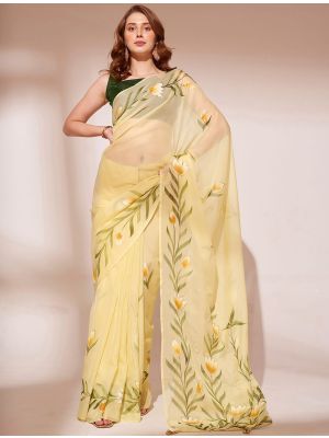 Pastel Yellow Blooming Organza Saree With Brush Print