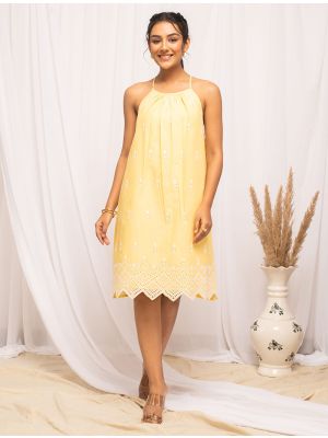 pastel yellow cotton embroidered chic frock fabku21186