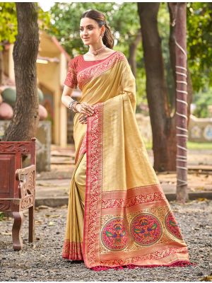 Pastel Yellow Kanjivaram Art Silk Zari Woven Saree