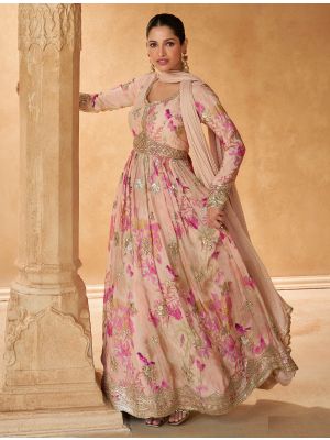 Peach Chinon Pre Stitched Anarkali Suit In XL small FABSL22120