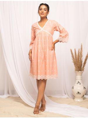 peach cotton embroidered trendy chic frock fabku21185