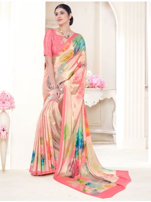 Peach Crepe Silk Saree With Digital Print