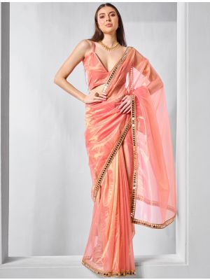 Peach Gold Tissue Net Fancy Party Wear Saree