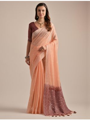 Peach Muga Cotton Saree With Jamdani Weaving
