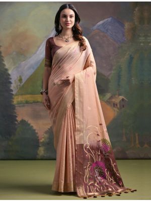Peach Muga Cotton Saree With Zari Weaving