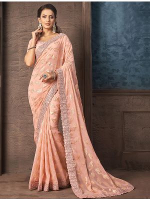 Peach Premium Georgette Saree With Woven Jacquard