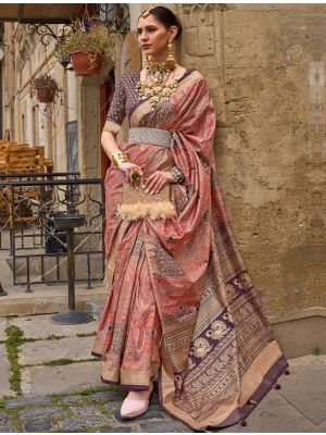 Peach Printed Silk Party Wear Saree With Woven Zari