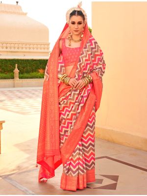 Peach Silk Saree With Woven Work And Digital Print