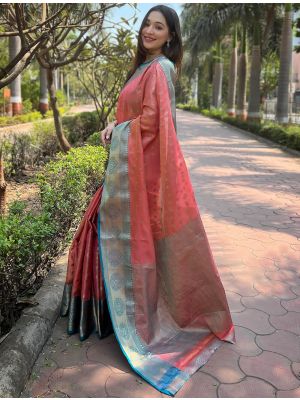 Peach Tissue Silk Saree With Woven Work