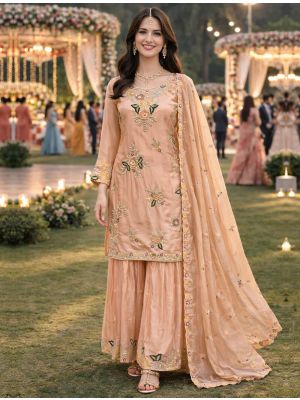 Peach Viscose Crepe Premium Ready To Wear Pakistani Suit FABSL22459