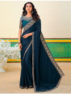 Peacock Blue Fancy Georgette Embroidered Saree With Zari Weaves