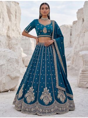 Peacock Blue Satin Silk Wedding Lehenga with Intricate Embroidery small FABLE20591