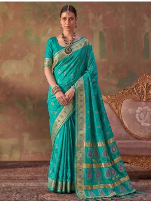 Peacock Green Banarasi Soft Art Silk Saree With Jacquard Weaving
